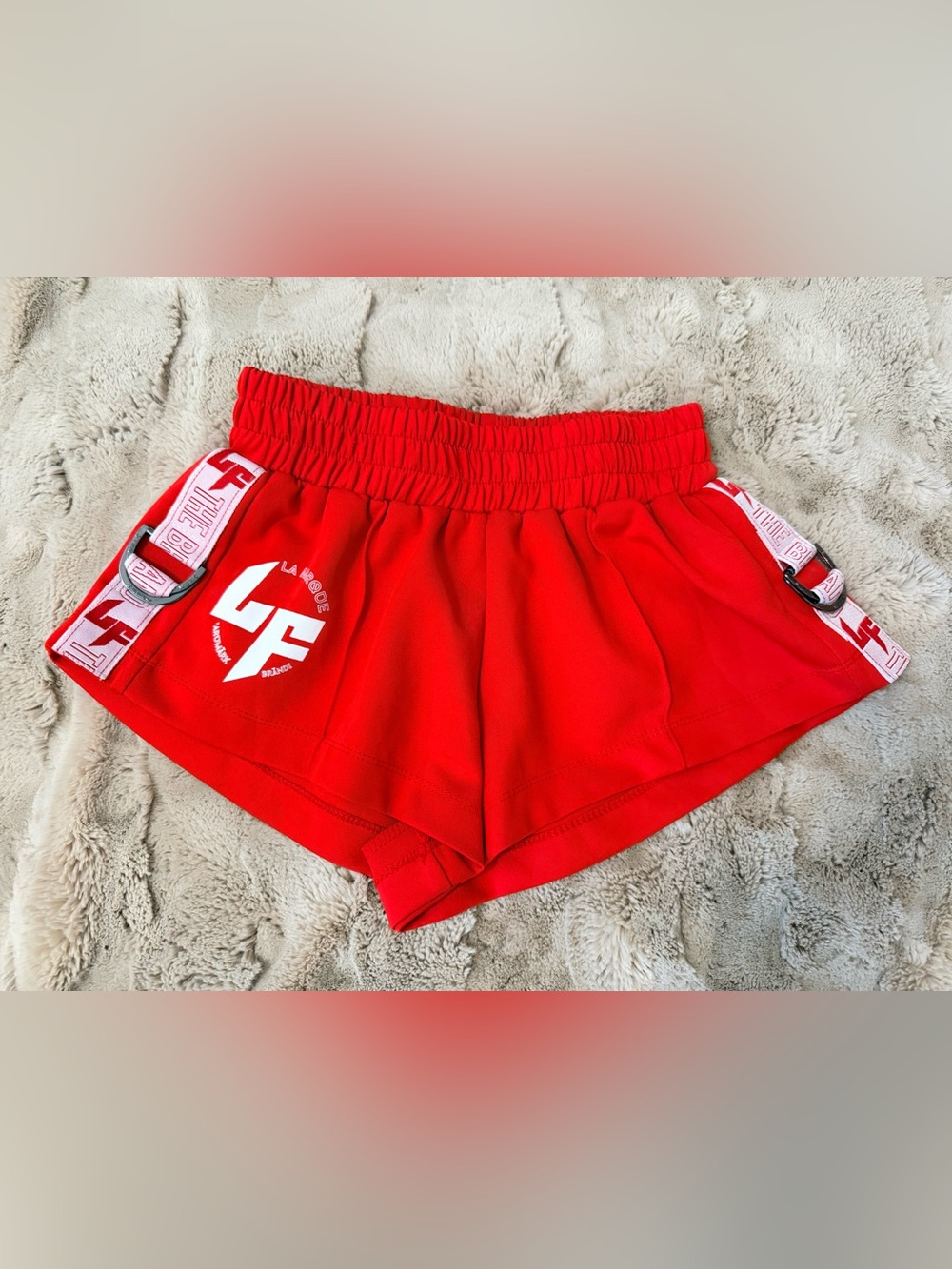 La Mode Brändi Red High-Waist Athletic Shorts w/ D-Ring Side Tapes